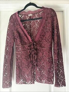 Free People Burgundy Lace Long-Sleeve Tie-Front Top